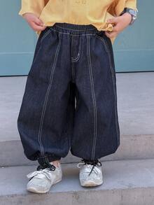 DAZY Jeans de pierna entallada con cintura elástica y pespuntes de contraste, moda casual de calle para niño - Azul - Ver 6