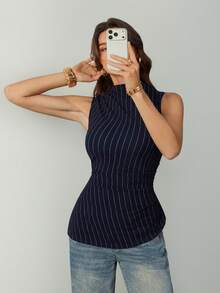 SHEIN Tall Asymmetric Hem Ruched Casual Tank Top, Suitable For Office, Commute, Business, Back To School, Teacher Outfit, Spring/Summer - Navy Blue - View 6