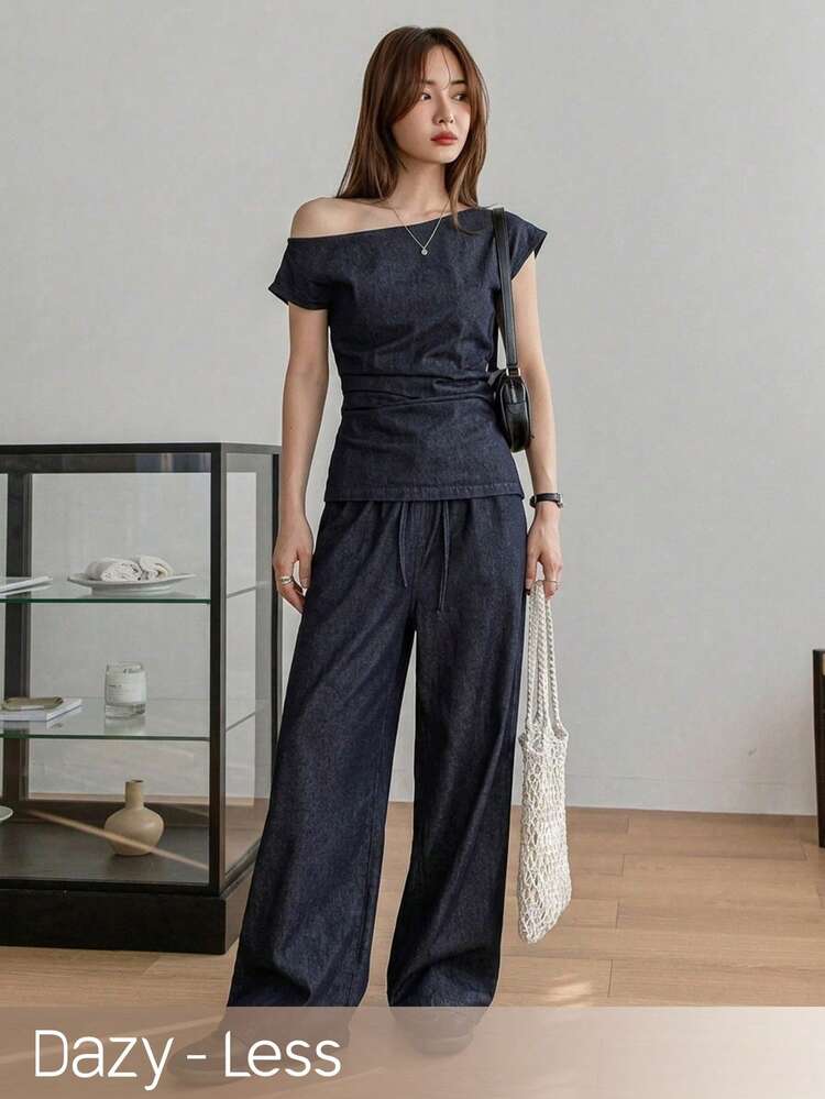 Women's Solid Color Asymmetric Collar Short Sleeve Top And Long Pants Casual Denim Suit Summer