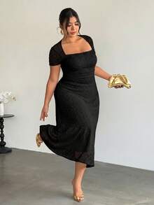 Firerie Plus Size Women's Knitted Textured A-Line Solid Color Jacquard Mesh Sexy Date Night Ruffle Side Long Dress - Black - View 1