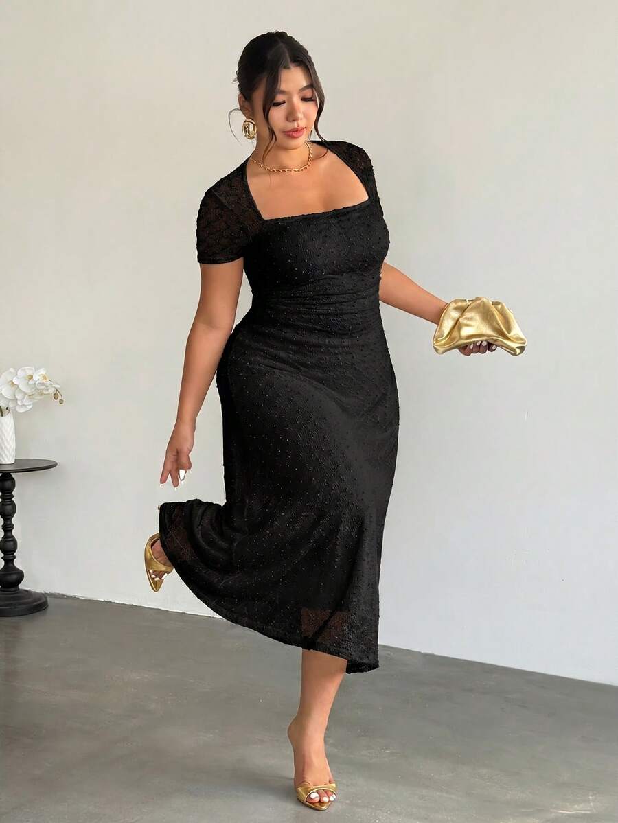 Firerie Plus Size Women's Knitted Textured A-Line Solid Color Jacquard Mesh Sexy Date Night Ruffle Side Long Dress - Black - View 1