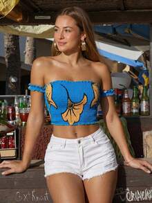 Swim Vcay Blue Off Shoulder Crop Top, Vintage Floral Print Pleated Midriff-Baring Fitted Vacation Style - Multicolor - View 6