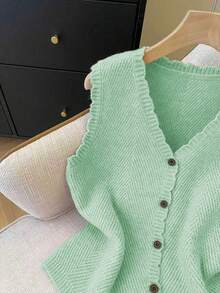 SHEIN Franclia Áo dệt kim cổ chữ V không tay dáng rộng màu mơ, viền ren, thích hợp cho nữ, mùa xuân/hè. - Màu xanh Bạc hà - Xem 4