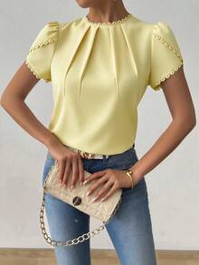 Rafferiza Women's Elegant Casual Solid Color Lace Patchwork Ruffle Collar Petal Sleeve Blouse Everyday Pale Yellow Summer - Light Yellow - View 7