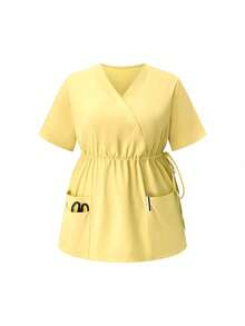 SHEIN TaskFit 2pcs V-Neck Waist Cinched Short Sleeve Top And Pants Plus Size Uniform Set, Cleaning Service Outfit - Yellow - View 3
