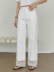 Dazy-Less Women's Casual Versatile Solid Color Lace Patchwork Denim Jeans - White - View 4