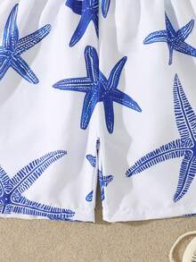 SHEIN Đồ bơi liền thân cho bé trai tuổi teen, kiểu quần short ống rộng, phong cách nghỉ mát biển, nền trắng tinh với họa tiết sao biển 3D màu xanh in khắp bề mặt, thời trang, thoải mái, thích hợp cho bơi lội, kỳ nghỉ hè, bãi biển, hồ bơi, tiệc tùng ngày lễ. - Xanh và trắng - Xem 5