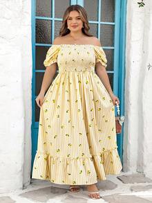 SHEIN CURVE+ Đầm cỡ US22 (dành cho người có đường cong cơ thể), thích hợp cho lễ hội âm nhạc, kỳ nghỉ biển, phong cách bohemian lãng mạn với họa tiết hoa nhí, phù hợp cho kỳ nghỉ biển, mùa tốt nghiệp, kỳ nghỉ kiểu bohemian, đầm đi biển, trang phục đi nghỉ mát. - Màu vàng - Xem 6