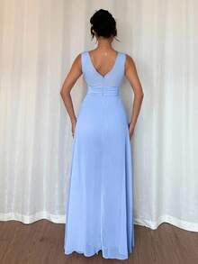 Rafferiza Elegant V-Neck Ruched Waist Pearl Chiffon Wide Leg Jumpsuit, Suitable For Wedding Guest Dresses, Purple, Graceful Ladies Jumpsuit Light Blue Jumpsuit Elegant Jumpsuit Summer Jumpsuit - Baby Blue - View 2