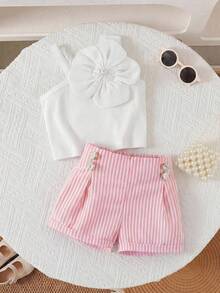 Souflis Souflis 1pc Baby Girl Elegant Sweet Ribbed Asymmetric Strap Design Floral Decor Top Paired With Pink Striped Shorts Set, Suitable For Street, Travel Photography In Summer - Pink - View 2