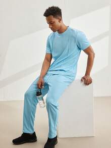 Driftmere Conjunto casual de verano de dos piezas para hombre, unicolor, cuello redondo, manga corta, chándal de verano azul bebé, conjunto coordinado para hombre, guía de regalos para el Día del Padre - Celeste - Ver 6