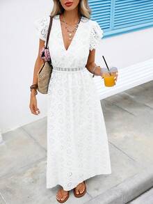 Vivid Eden 女士时尚优雅网纱刺绣V领连衣裙 - 白色 - 查看 6
