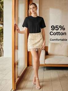 Anewsta Áo thun ngắn tay nữ màu trơn phong cách thời trang mùa hè thanh lịch hiện đại đô thị - màu đen - Xem 9