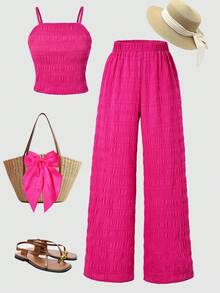 Conjunto de top de tirantes bohemio con estampado floral + pantalones rectos holgados + chaleco tejido para niñas preadolescentes de vacaciones - Rosa Fucsia - Ver 3
