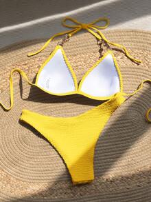 Bellisia Women's Summer Beach Solid Color Halter Tie Sexy Bikini Swimwear Set - Yellow - View 2