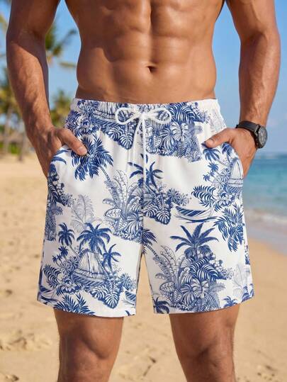 VIVINTIMO Men's Blue Floral Print Short Beach Shorts, Suitable For Island Vacation, Hawaii Resort, Couple Matching, Thoughtful Gift For Boyfriend