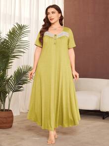 Lacomfia Plus Size Solid Color Short Sleeve Knit Casual Ruffle Hem Dress - Mustard Yellow - View 6