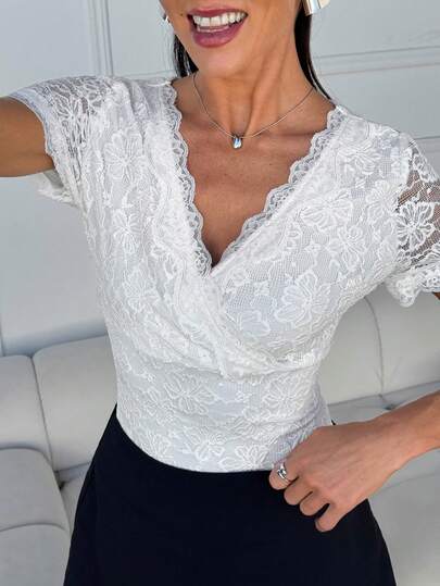 Lavishia Women's Summer Short Sleeve Lace Bodysuit, Suitable For Wedding Season White Lacey Top V Neck Lace Blouse For Women Elegant Classy Lace Blouse For Women Formal Top For Woman Elegant And Classy Formal Mother's Day  Party Wedding Beach Outfit For Women Vacation Outfits Women White Top