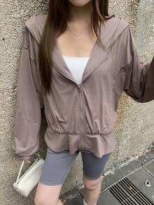 DAZY 女士休闲甜美文艺风连帽宽松度假时尚街头沙滩荷叶边拼接长袖外套轻薄户外防晒上衣，适合夏季、春季和秋季穿着 - 棕色 - 查看 14