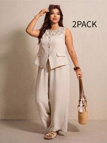 Elaquor Plus Size 2 Pieces Set,Lace Trim Collar Round Neck Shirt & Wide Leg Pants Beige,Summer,Smart Casual,Vacation,Holiday Elegant Commuter Business Outfits - Apricot - View 2