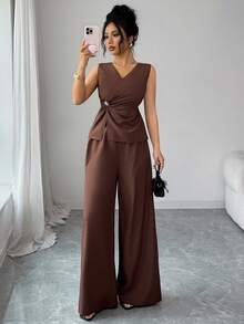 SHEIN Elenzya Bộ đồ công sở thanh lịch dành cho nữ, gồm áo vest không tay cổ chữ V màu cà phê, thiết kế khóa xoắn, xẻ tà dáng chữ A và quần ống rộng cạp chun, kiểu dáng hai mảnh đa năng. - Cà phê nâu - Xem 5