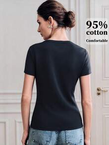 Women's Rhinestone Bow Graphic Round Neck Short Sleeve Casual T-Shirt - Black - View 2