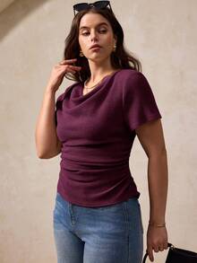 Plus Size Women's Loose Draped Neck Short Sleeve Casual French Style T-Shirt Top, Spring/Summer - Rose Red - View 3