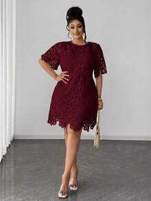 Maweii Đầm ngắn tay cổ tròn khoét eo thanh lịch dành cho nữ cỡ lớn - Màu Đỏ Sâu - Xem 5
