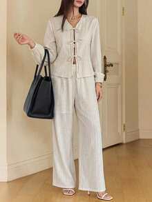 Dazy-Less 2pcs Women Solid Color V-Neck Twist Front Long Sleeve Top And Pants Set Lounge Sets For Women - Khaki - View 3