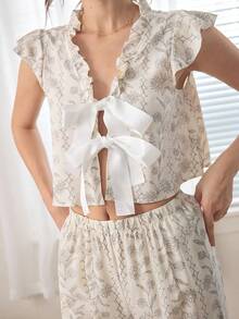 Ocili Floral Print Tie Front Top And Pants Women Pajama Set Holiday Season - Multicolor - View 4