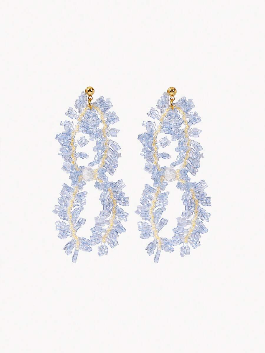 Opalesca Ice Blue Beaded Fringed Earrings,Premium/Elegant/Classy/Dailywear/Minimalist,Pearl/Crystal,Engagement/Wedding/Promise,Summer/Beach/Prom/Party/Holiday/Vacation,For Mom/Women/Girl/Mother,Bride,Fairycore/Mermaid Core - Blue - View 1