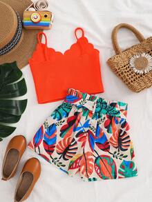 SHEIN Bộ 2 món gồm áo không tay màu trơn và quần short dệt in họa tiết cho bé gái, thích hợp cho kỳ nghỉ hè. Áo cổ tròn màu trơn và quần short in hoa, trang phục thường ngày thoải mái cho bé gái, bộ đồ hè cho bé gái, bộ quần áo ngắn in hoa cho bé gái, bộ đồ hè cho bé gái, bộ đồ ngắn mùa hè cho thiếu nữ, trang phục nghỉ hè cho bé gái. - trái cam - Xem 5