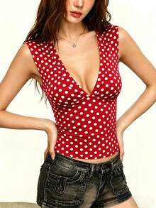 Rina Fox Áo camisole nữ in chấm bi cổ khoét sâu ôm sát gợi cảm - Đỏ - Xem 3