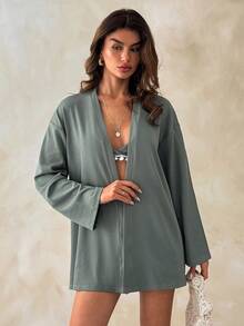 SHEIN Cottnline Damen 3-teiliges Luxus Resort Set mit oversized strukturiertem Kimono, Pompon-besetztem Dreieck-Bustier und hochgeschnittener, locker sitzender Shorts in sanftem Grün - Minzgrün - Übersicht 5