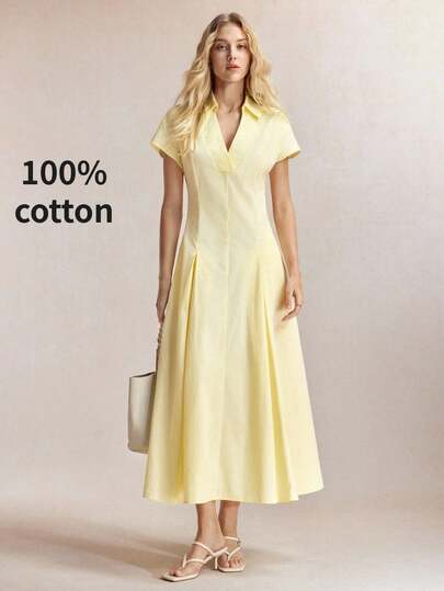 BizChic Cream Yellow Collared V-Neck Asymmetrical Pleated A-Line Dress, Versatile Summer Wear For Office, Business, Social Events, Graduation, Wedding, Brunch, Date, Commute, Cruise Vacation