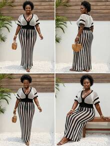 SHEIN CURVE+ Vestido de punto de manga corta con estampado de rayas, calado y transparente, para vacaciones en la playa, talla grande - Blanco y Negro - Ver 3