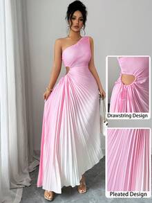 Modelyn Yellow Sleeveless Asymmetric Neck Pleated Ombre Dress For Women - Pink - View 3