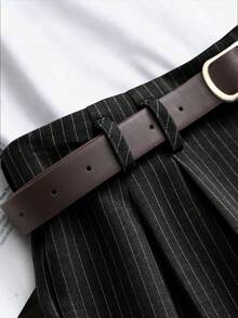 Franclia Versatile Casual Elegant Commuting Waist Belt Decor Gray Vertical Striped Shorts, Wide Leg Pants, Bermuda Pants, Autumn/Winter Stripe Shorts Elegant Shorts Shorts For Women Belted Shorts High Waist Shorts Casual Shorts Pleated Shorts - Black - View 3