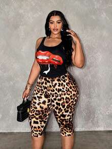 Slaydiva Primăvară/Vară Noutate Completă Casual Vacanță Croazieră Călătorie Plajă Bronzare Viral Streetwear Femei Mărime Plus 2 buc Set Spaghete Bretele Maiou cu Imprimeu Leopard și Pantaloni Capri Leopard Set Pantaloni Capri Set - Negru - Vizualizare 5