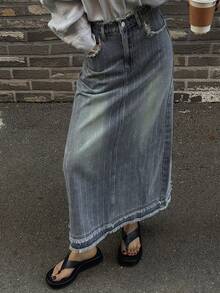 DAZY Chân váy denim dài nữ có túi, gấu rách, kiểu dáng thường ngày. - Màu xanh lam - Xem 4