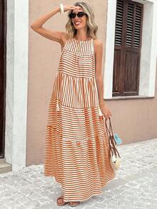 Breezaya Women's Romantic Vacation Striped Patchwork Color Block A-Line Dress, Spring/Summer - Khaki - View 4