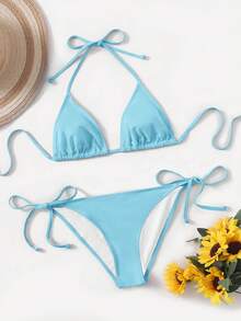 Women's Simple Solid Color Swim Bikini With A Halter Neck And Cutout, Suitable For Beach Vacations And Summer. - Blue Mist - View 4