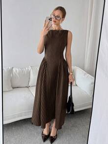 Siren Gaze Women's Striped Round Neck Sleeveless Dress - Coffee Brown - View 4