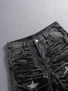 Manfinity Denimwave Men's Casual Distressed Frayed Hem Printed Black Denim Shorts Gothic Men Shorts Punk Pants Men - Black - View 4