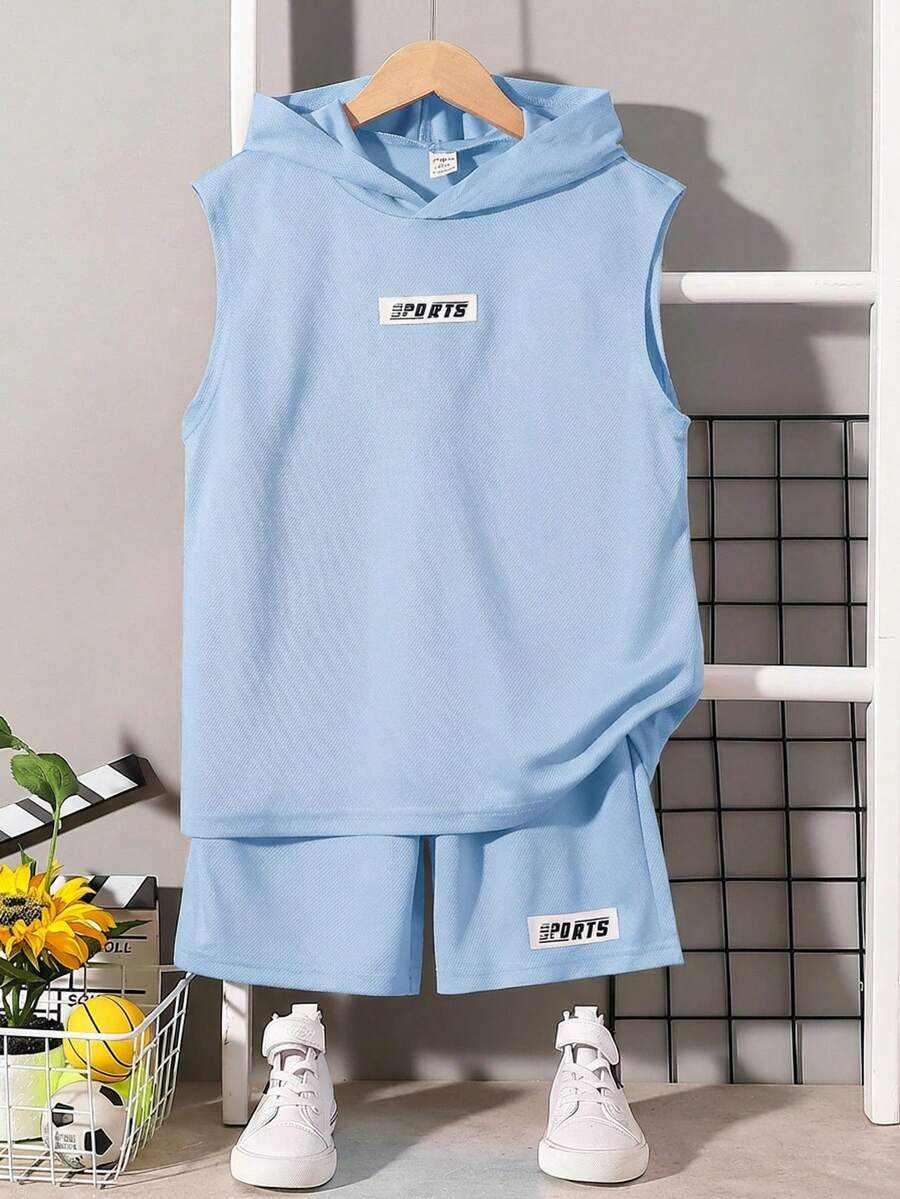 SHEIN 青少年男童宽松字母图案连帽衫和短裤两件套 - 淺藍色 - 查看 1