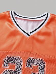 SHEIN 少女时尚运动休闲街头风橙色网眼数字图案棒球夹克，适合世界杯、体育赛事、音乐节等场合。 - 橘色 - 查看 3