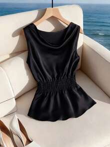 Balvessa Women's Elegant Solid Color Lapel Sleeveless Blouse Party Black Summer - Black - View 4