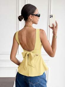 Camisa de lino sin mangas para mujer con cuello barco, estilo bohemio, con bloques de color, espalda descubierta, con lazo - Amarillo claro - Ver 5