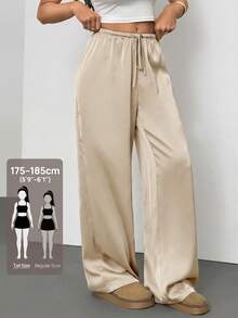 SHEIN Tall 女款低腰休閒復古緞面百搭棕色梅納德色長裙，適合高個女性 - 杏色 - 查看 8