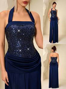 Coutiva High-End Evening Gown, Luxury Sequin Patchwork Elegant Party Dress - Royal Blue - View 4